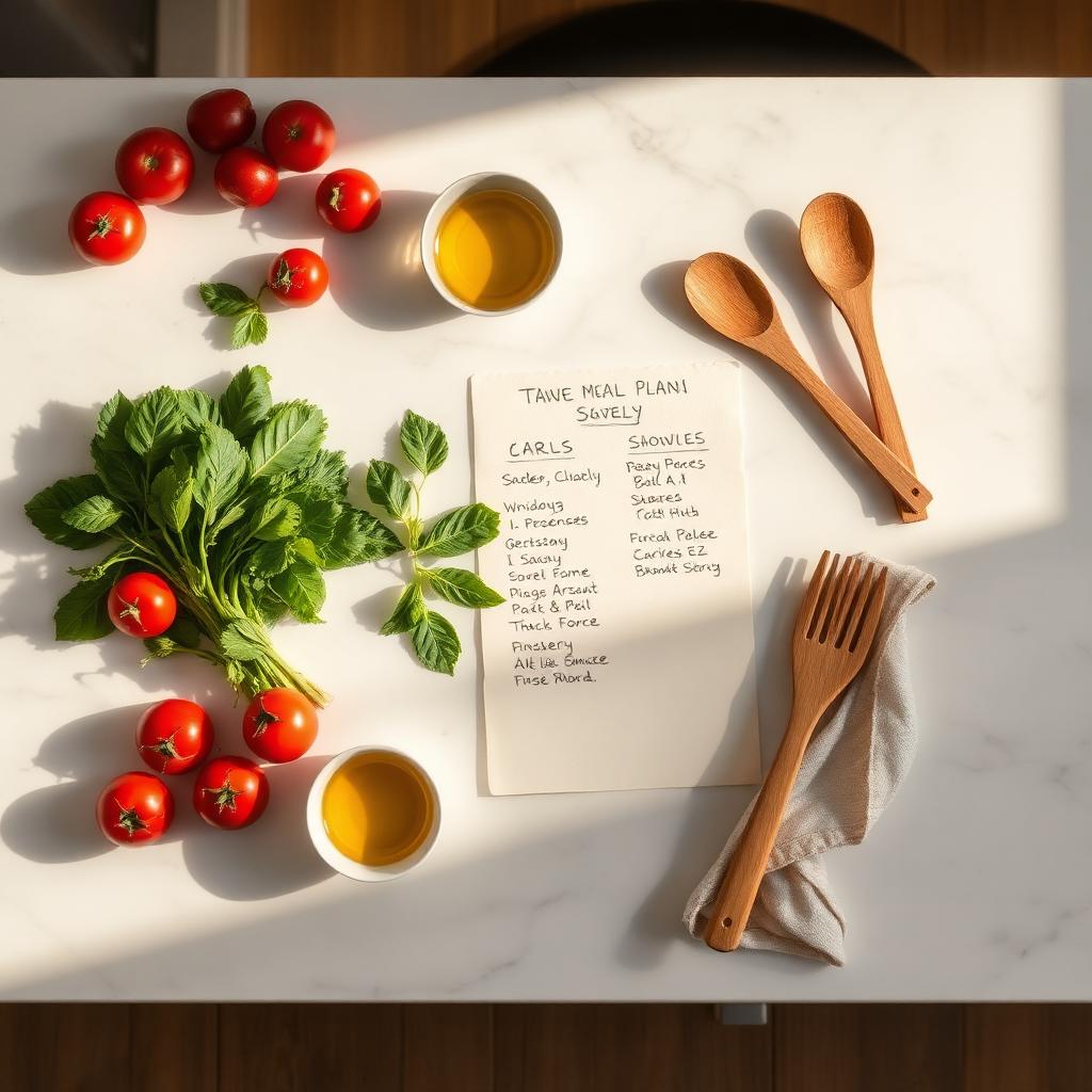 Mesa organizada com ingredientes frescos e planejamento semanal